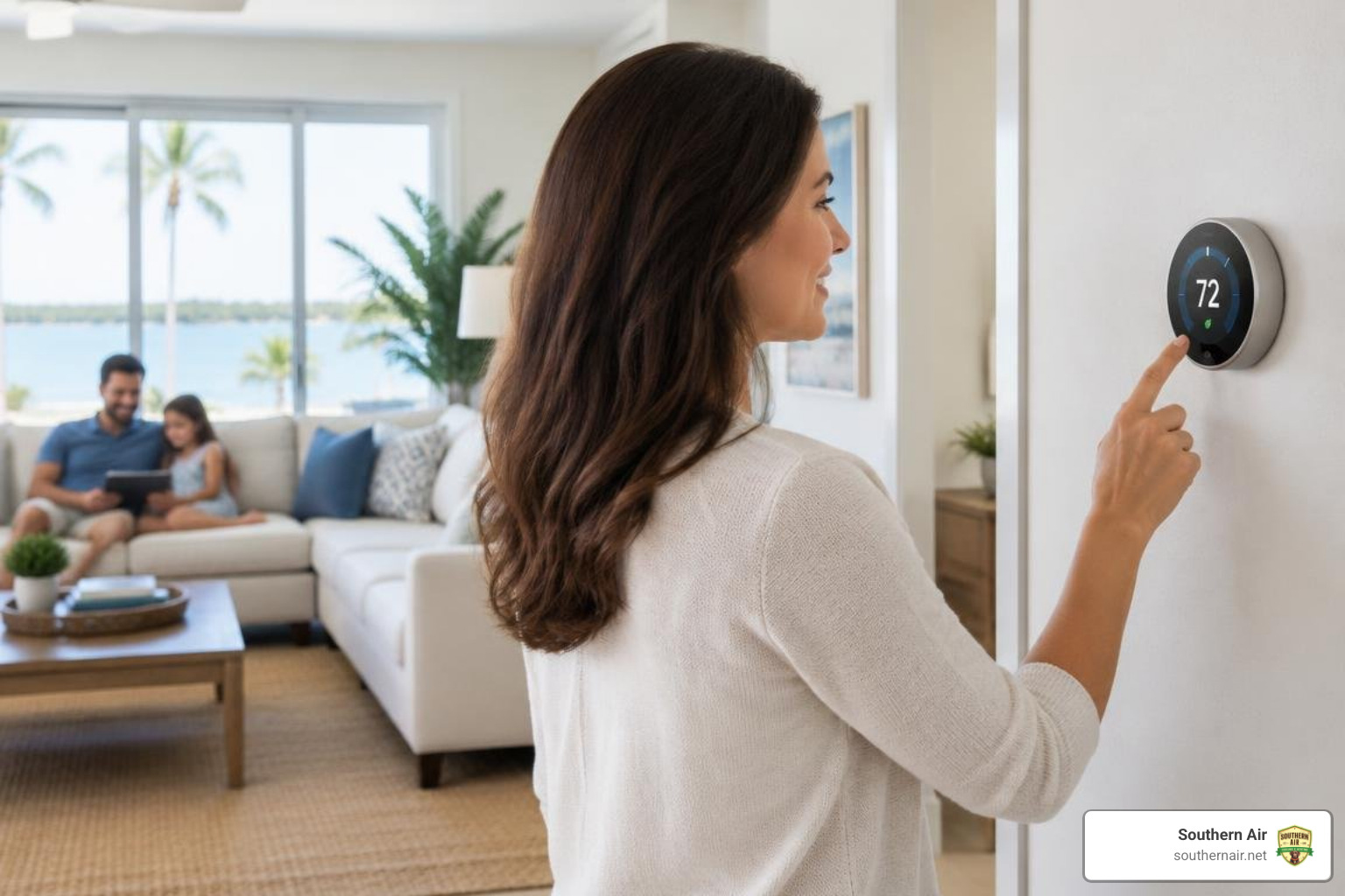 Homeowner adjusting a smart thermostat to support efficient AC operation Homeowner adjusting a smart thermostat to support efficient AC operation