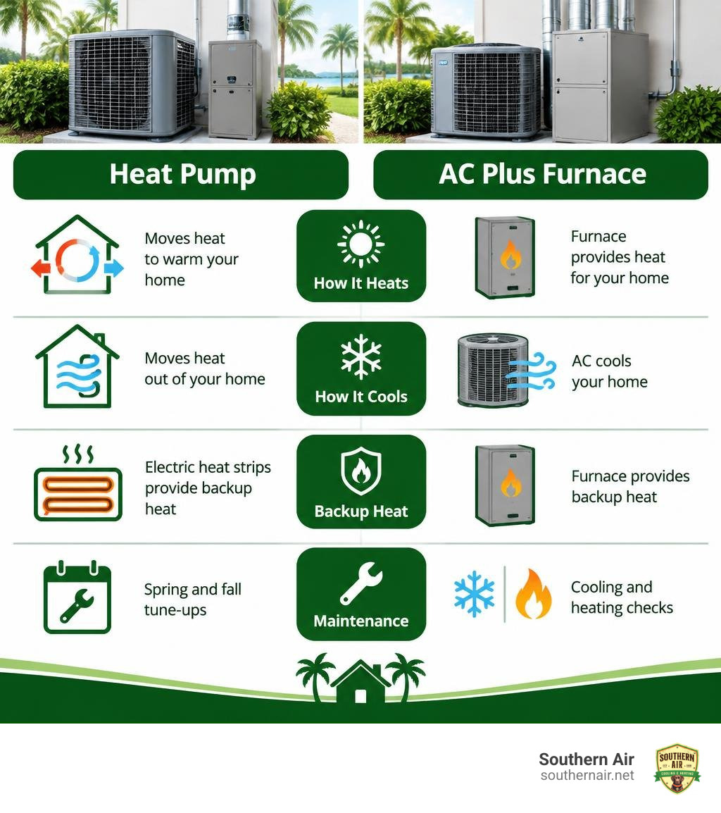Infographic comparing heat pump and AC plus furnace heating cooling backup heat and maintenance infographic Infographic comparing heat pump and AC plus furnace heating cooling backup heat and maintenance infographic