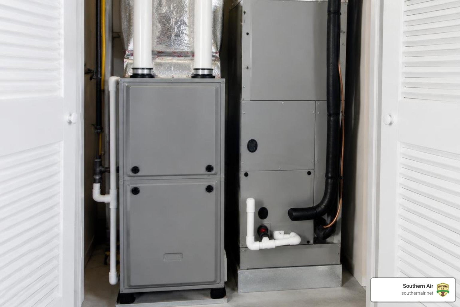 Gas furnace beside an indoor air handler in a residential utility closet Gas furnace beside an indoor air handler in a residential utility closet