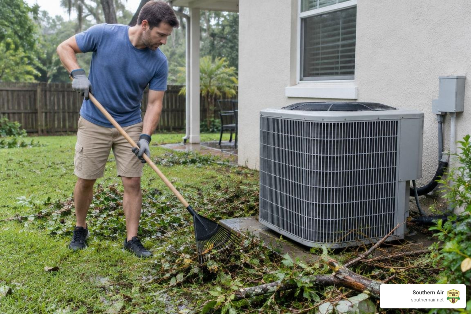 Homeowner clearing storm debris from around an outdoor AC unit Homeowner clearing storm debris from around an outdoor AC unit
