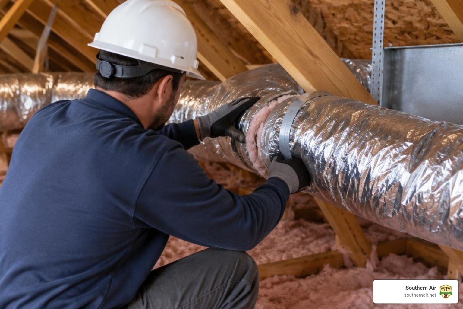 Licensed HVAC technician reconnecting a flexible duct run in a residential attic Licensed HVAC technician reconnecting a flexible duct run in a residential attic