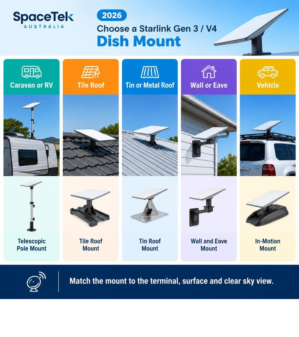 2026 guide to selecting a Starlink Gen 3 or V4 dish mount for a caravan, roof, wall, eave or vehicle infographic 2026 guide to selecting a Starlink Gen 3 or V4 dish mount for a caravan, roof, wall, eave or vehicle infographic