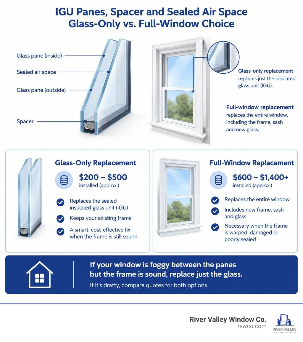 IGU panes spacer and sealed air space with glass-only versus full-window choice infographic IGU panes spacer and sealed air space with glass-only versus full-window choice infographic