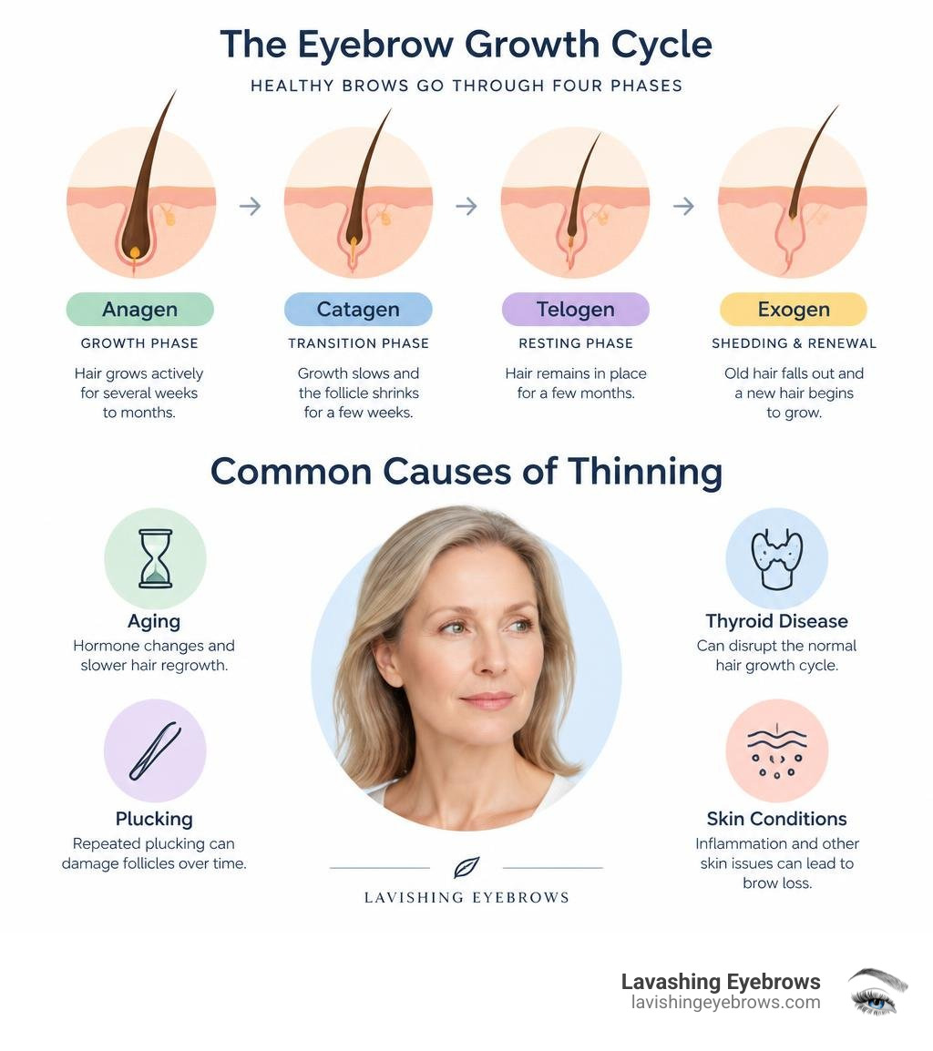 Eyebrow growth cycle and causes of thinning: aging, plucking, thyroid disease, and skin conditions infographic Eyebrow growth cycle and causes of thinning: aging, plucking, thyroid disease, and skin conditions infographic