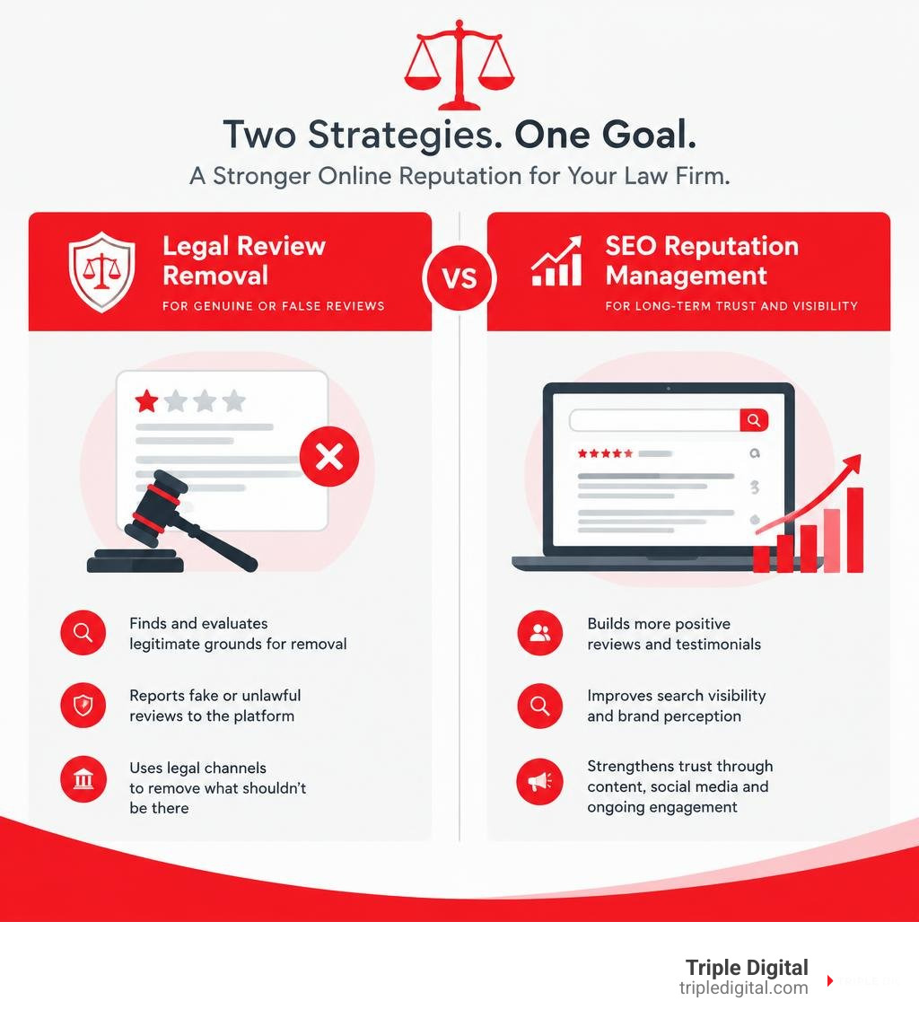 Comparison of legal review removal and SEO reputation management for law firms infographic