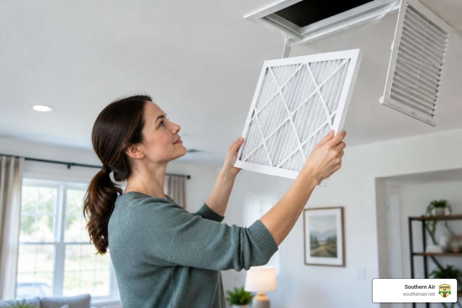 Homeowner checking clean HVAC air filter Homeowner checking clean HVAC air filter