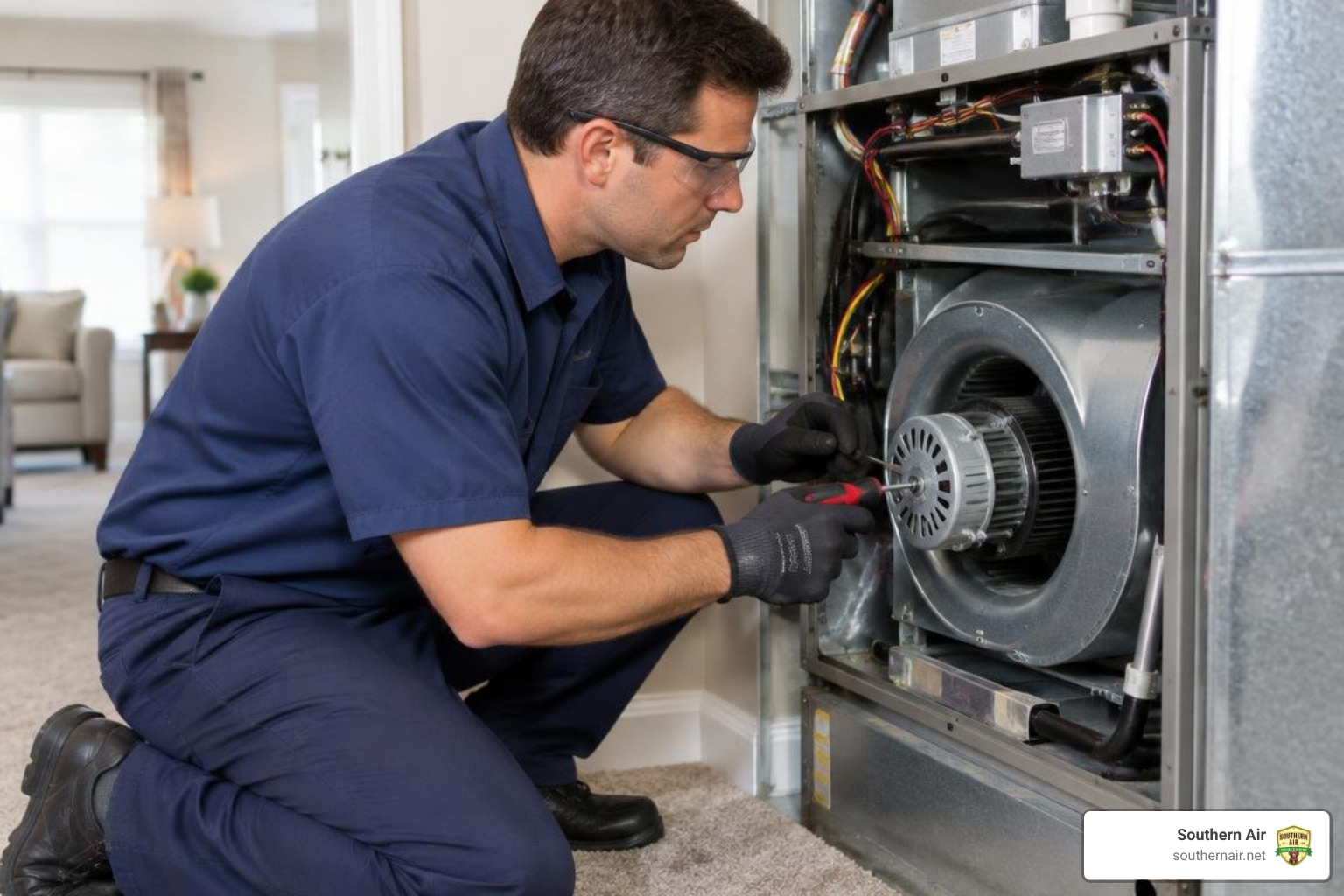 HVAC technician inspecting blower motor HVAC technician inspecting blower motor