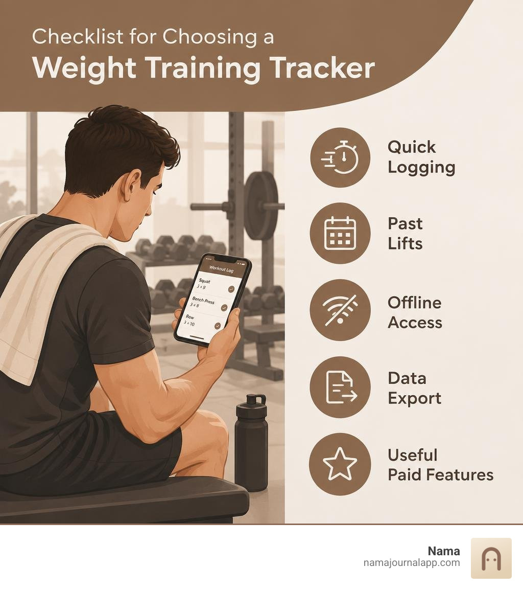 Checklist for choosing a weight training tracker: quick logging, past lifts, offline access, data export, and useful paid Checklist for choosing a weight training tracker: quick logging, past lifts, offline access, data export, and useful paid