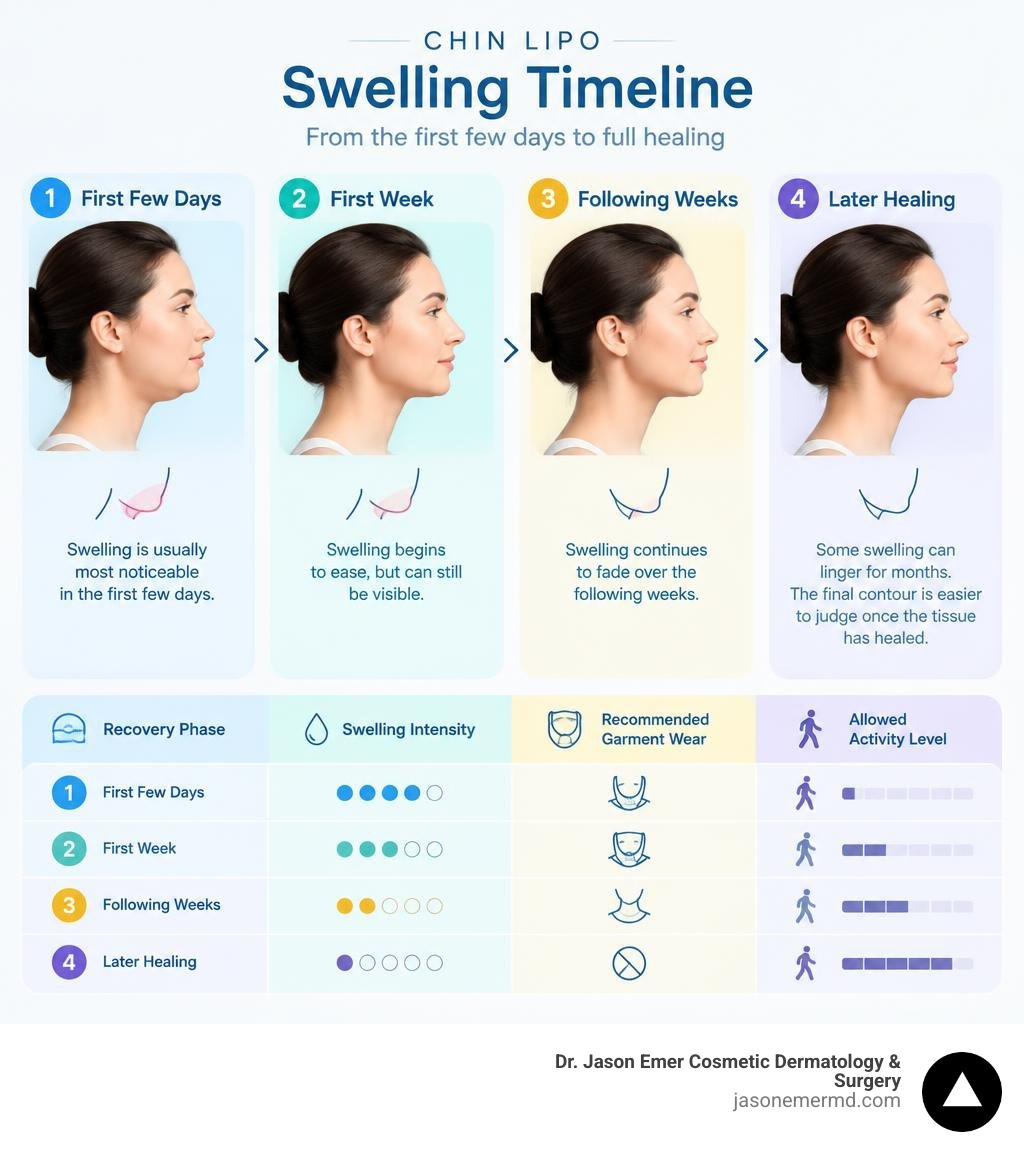 Chin lipo swelling timeline showing the first few days, first week, following weeks, and later healing infographic