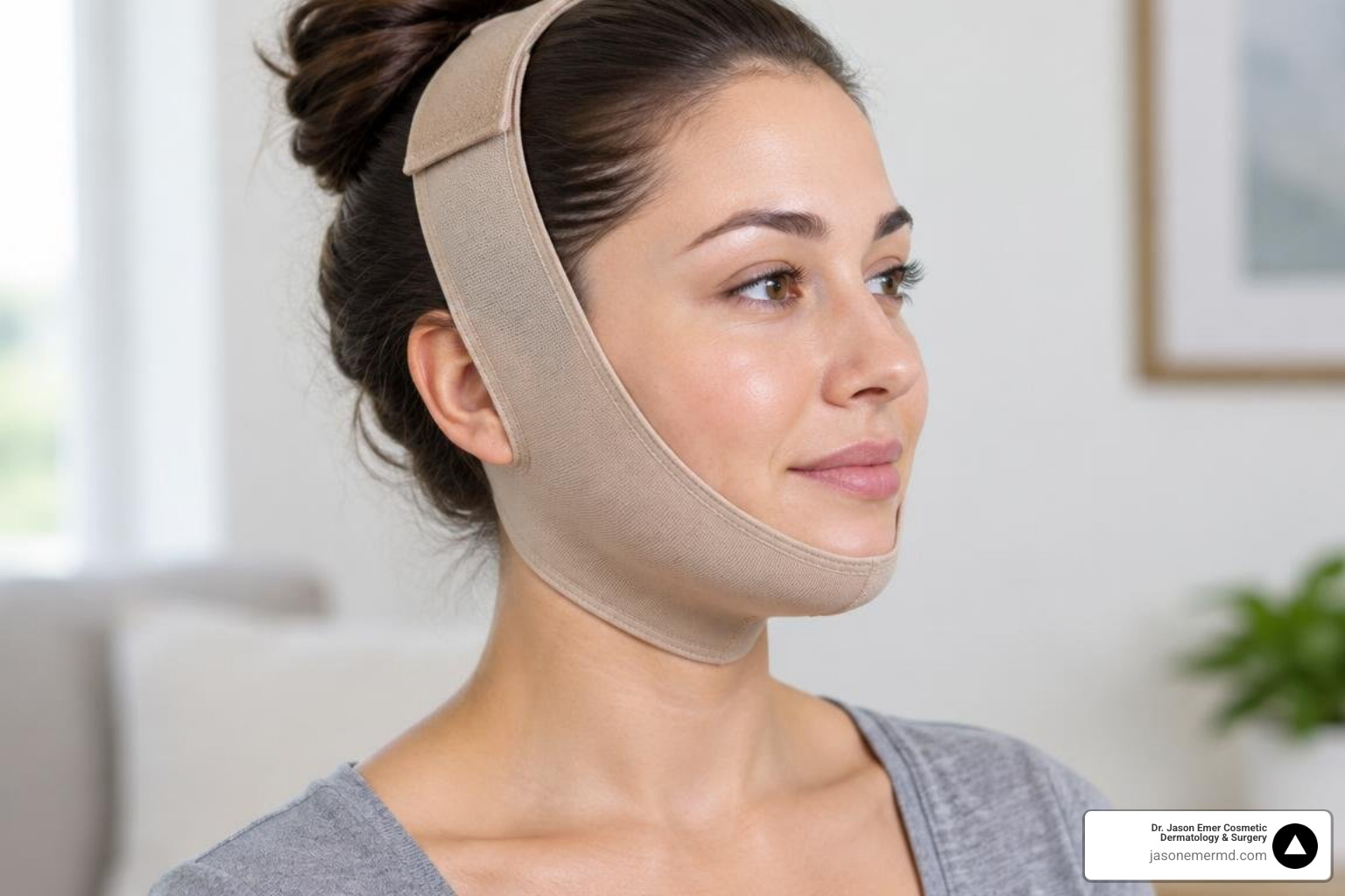 Compression garment worn around the jawline and chin during early recovery