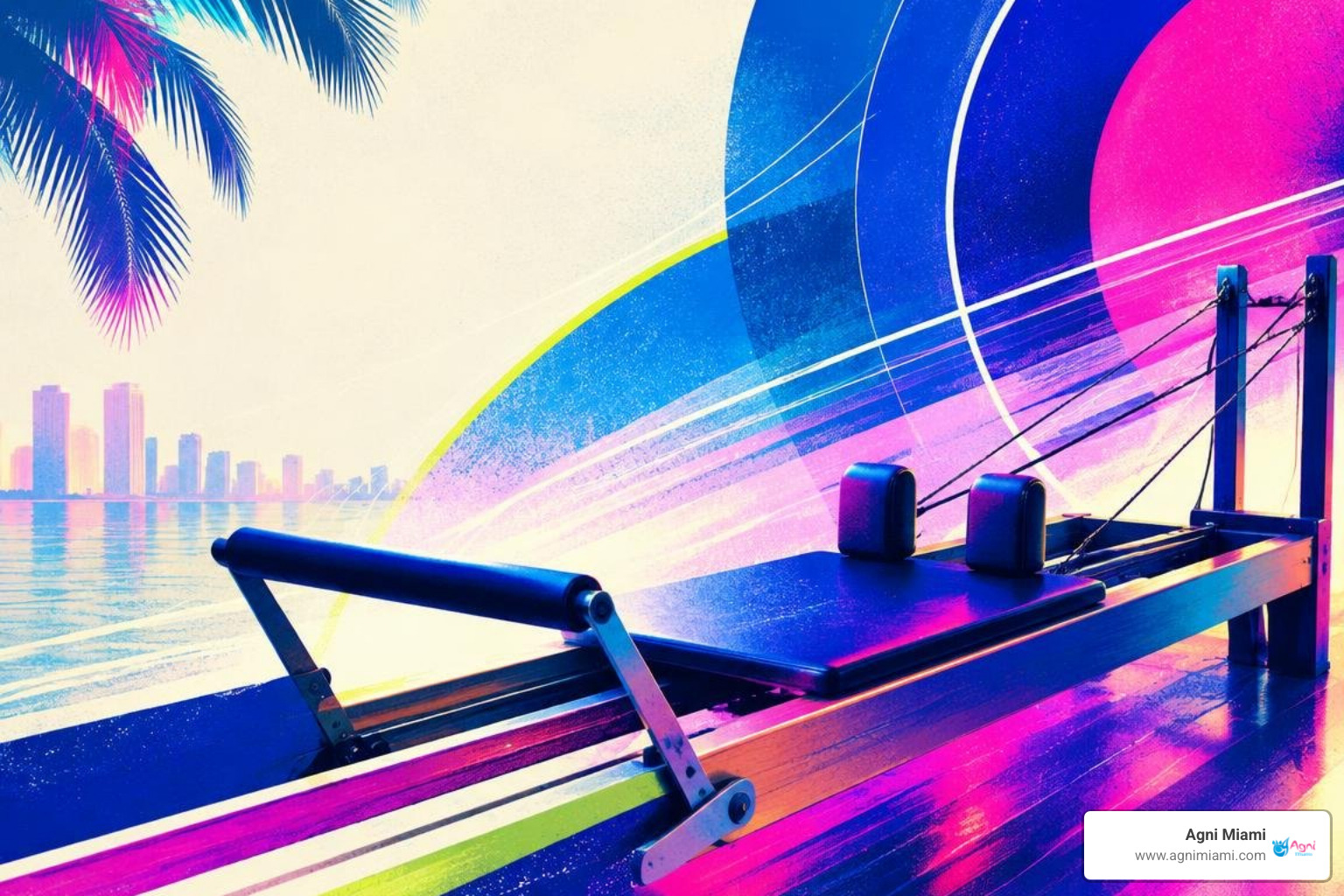 Abstract Miami Pilates movement artwork in Agni Blue, violet, and magenta