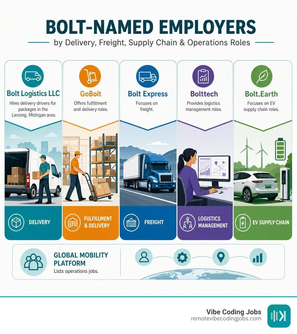 Comparison of Bolt-named employers by delivery, freight, supply chain, and operations roles infographic Comparison of Bolt-named employers by delivery, freight, supply chain, and operations roles infographic