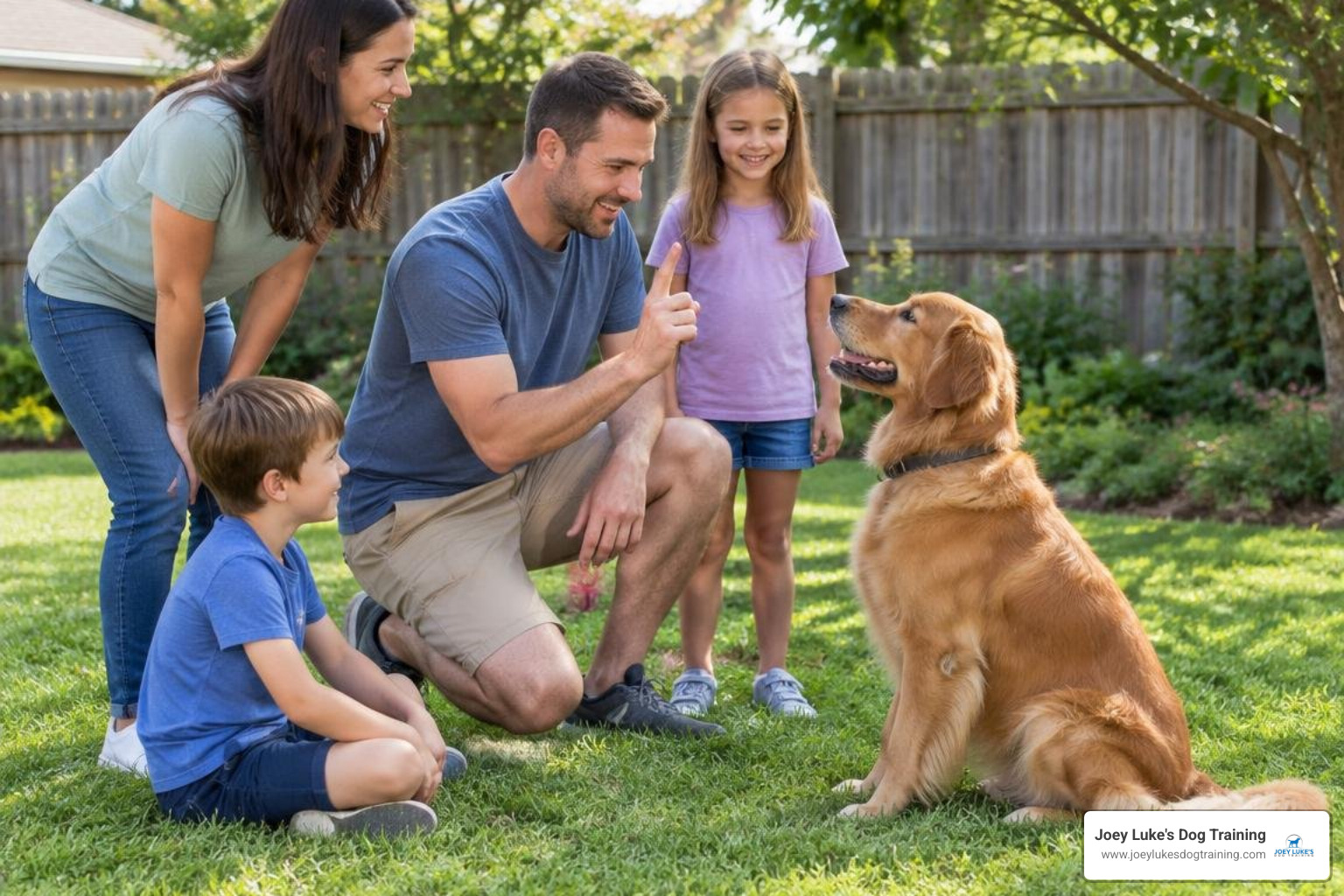 happy family practicing basic dog obedience commands in their backyard