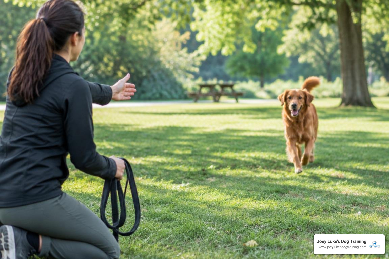 dog trainer practicing outdoor recall with a dog in a park