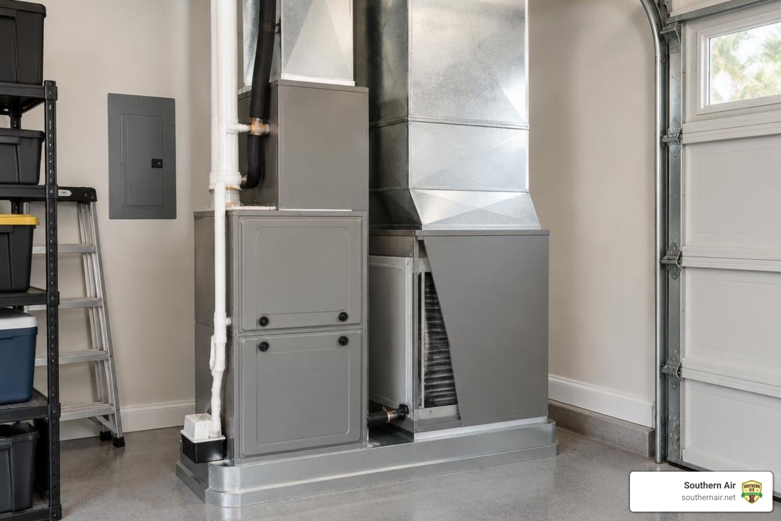 Gas furnace and air conditioner indoor coil installed together in a Florida home garage Gas furnace and air conditioner indoor coil installed together in a Florida home garage
