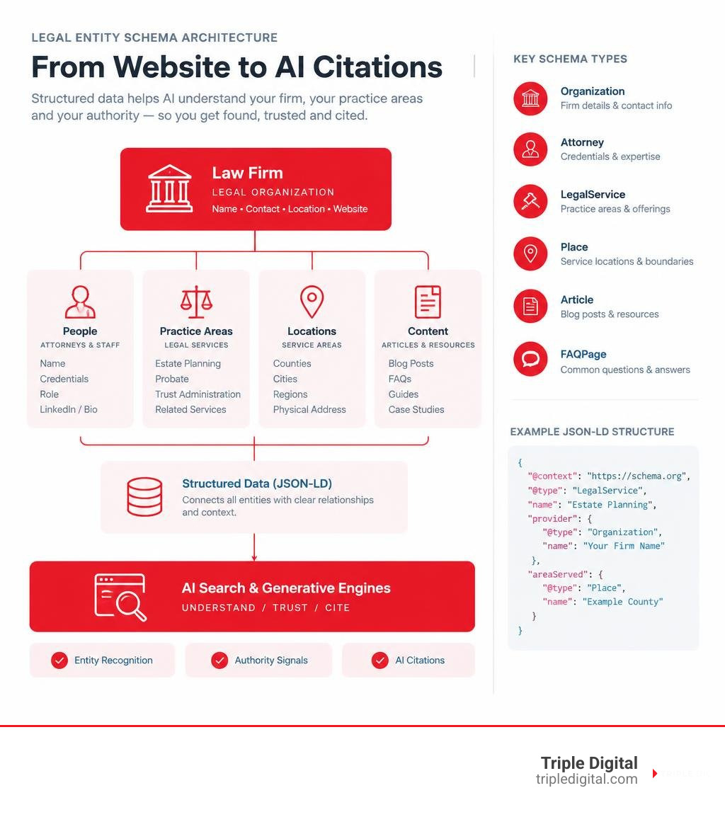 Detailed breakdown of legal entity schema architecture and structured data hierarchy infographic