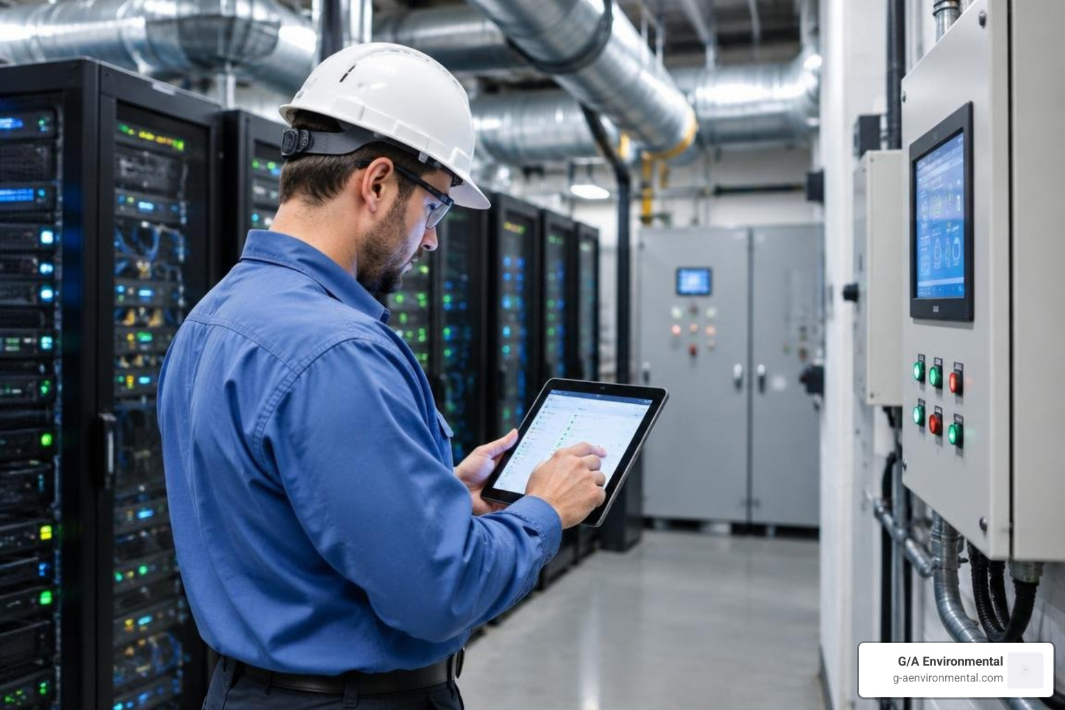 facility technician configuring sensor integrations inside an HVAC control room facility technician configuring sensor integrations inside an HVAC control room