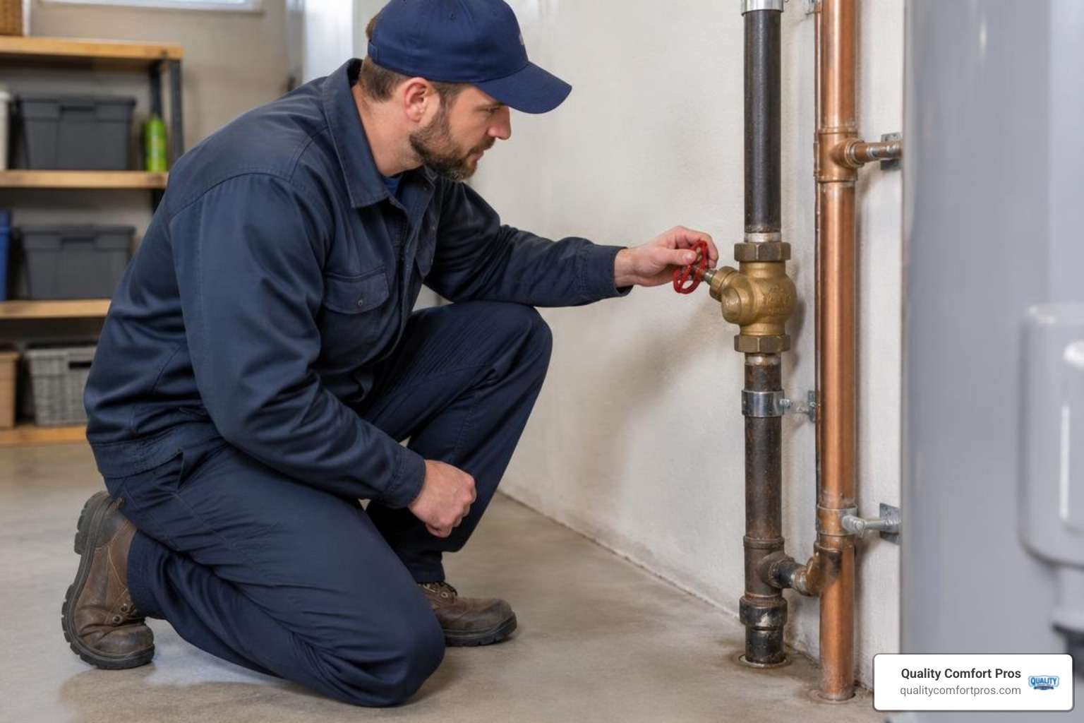 plumber inspecting an accessible main water shut-off valve during an emergency plumbing visit