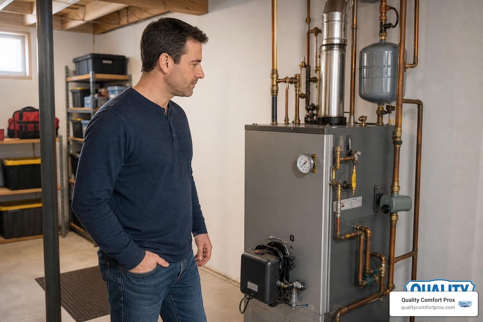 Homeowner safely looking at a residential boiler pressure gauge in a basement