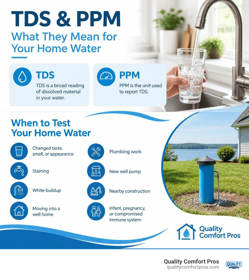 Infographic explaining TDS and PPM for home water in Northern Michigan and the common signs it is time to test a private well Infographic explaining TDS and PPM for home water in Northern Michigan and the common signs it is time to test a private well
