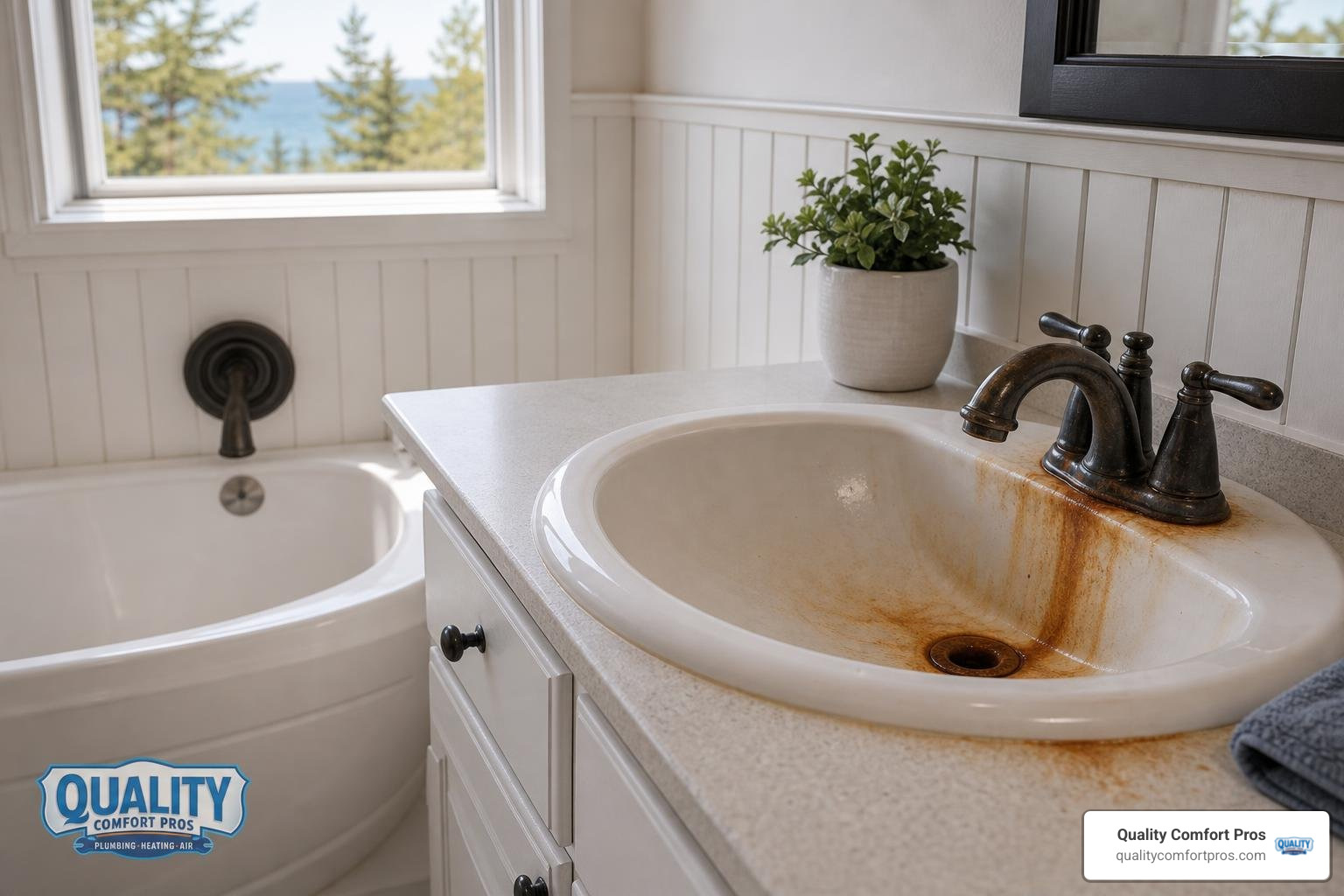 Rust-colored iron staining from well water in a white bathroom sink in a Northern Michigan home Rust-colored iron staining from well water in a white bathroom sink in a Northern Michigan home