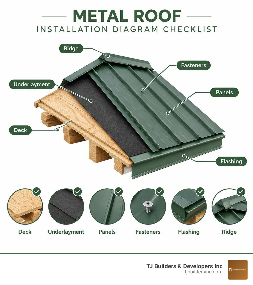 Metal roof diagram checklist showing deck, underlayment, panels, fasteners, flashing, and ridge infographic Metal roof diagram checklist showing deck, underlayment, panels, fasteners, flashing, and ridge infographic