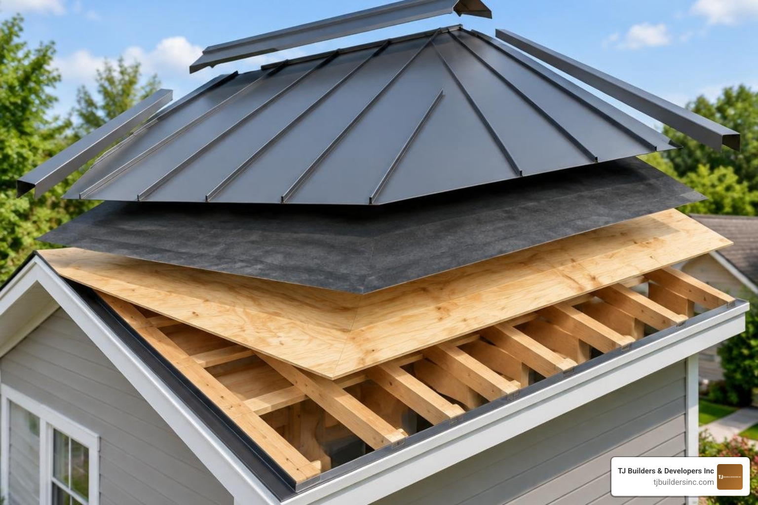 exploded metal roof assembly diagram showing deck underlayment panels and trims exploded metal roof assembly diagram showing deck underlayment panels and trims