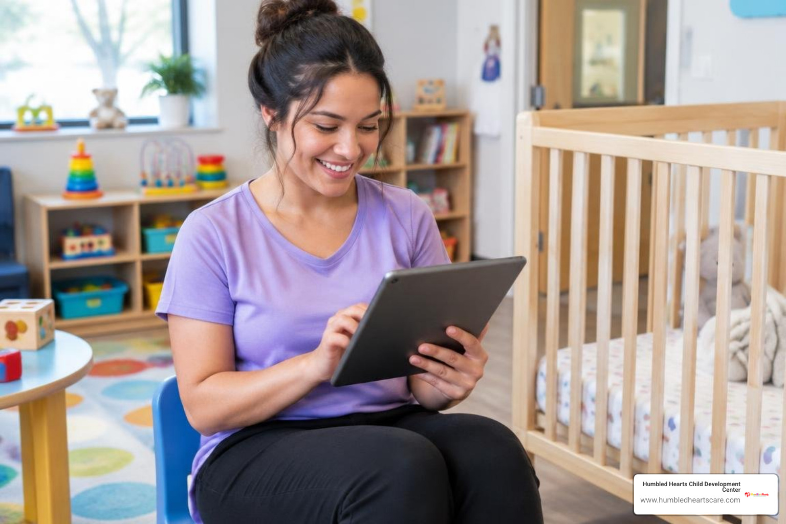 infant teacher updating a daily care log on a tablet for parents infant teacher updating a daily care log on a tablet for parents