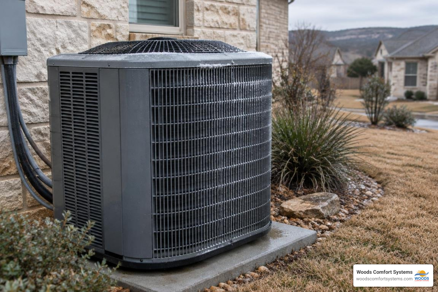 residential heat pump with light frost on the outdoor coil during a chilly San Marcos, Texas morning residential heat pump with light frost on the outdoor coil during a chilly San Marcos, Texas morning