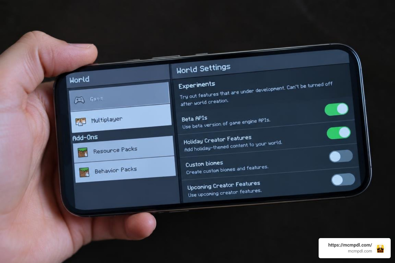 Experimental gameplay toggle menu on mobile device Experimental gameplay toggle menu on mobile device