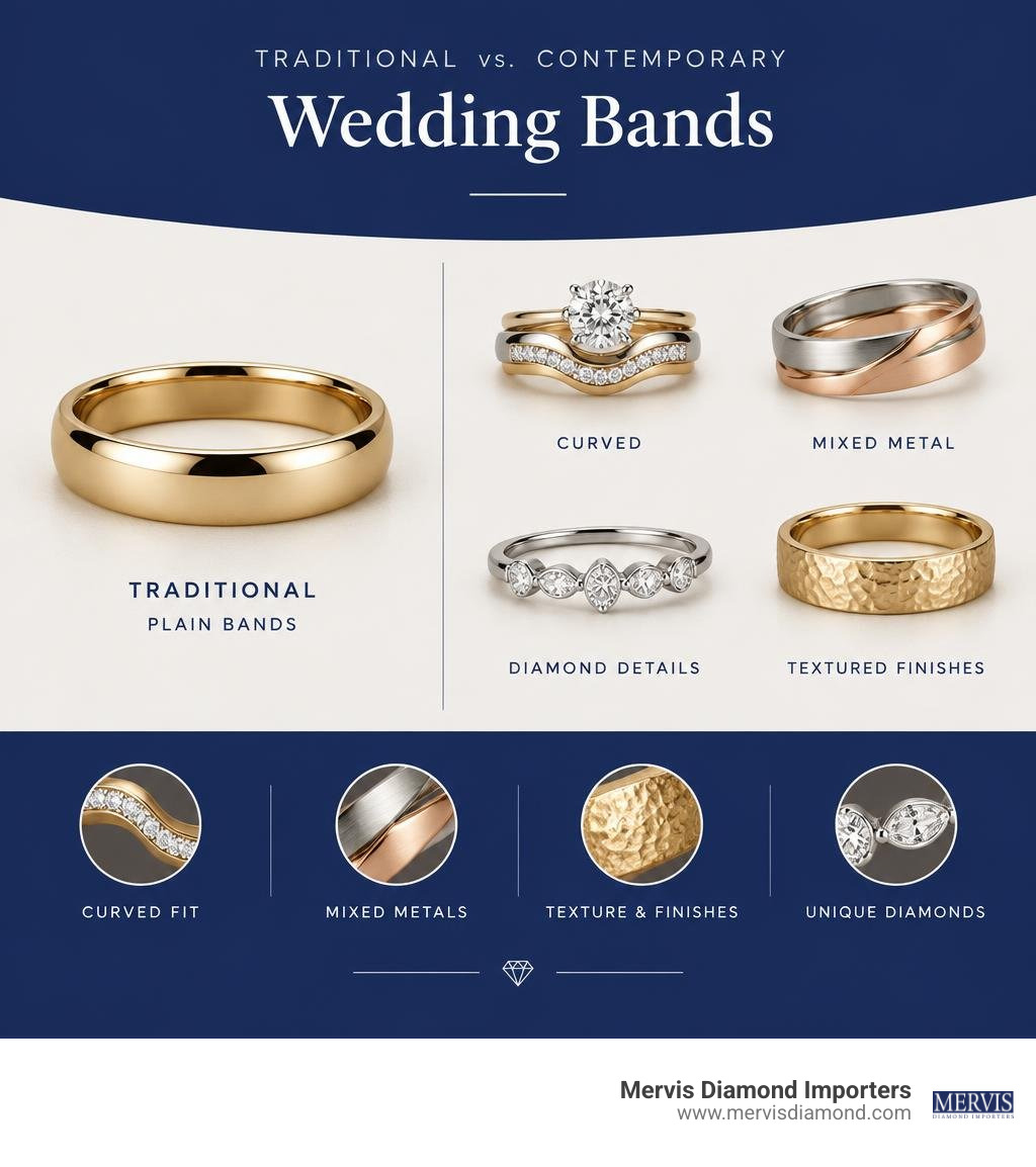 Traditional plain bands compared with contemporary curved, mixed-metal, and diamond designs infographic