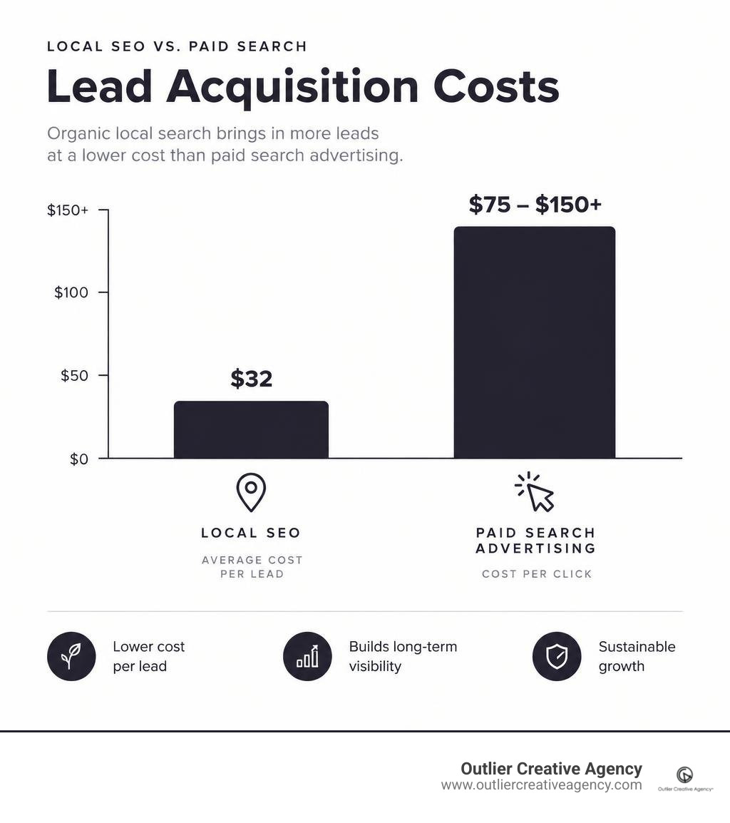Bar chart comparing lead acquisition costs between local SEO and paid search advertising infographic