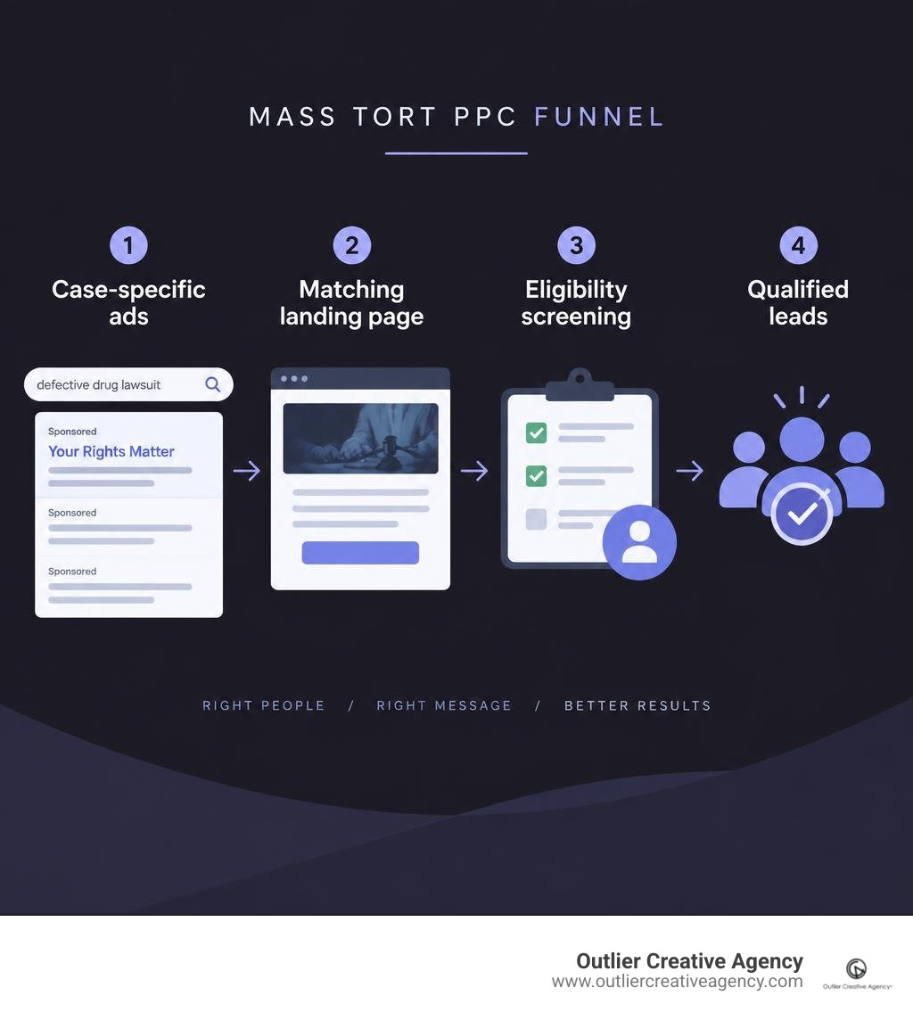 Mass tort PPC funnel: case-specific ads, matching landing page, eligibility screening, qualified leads infographic