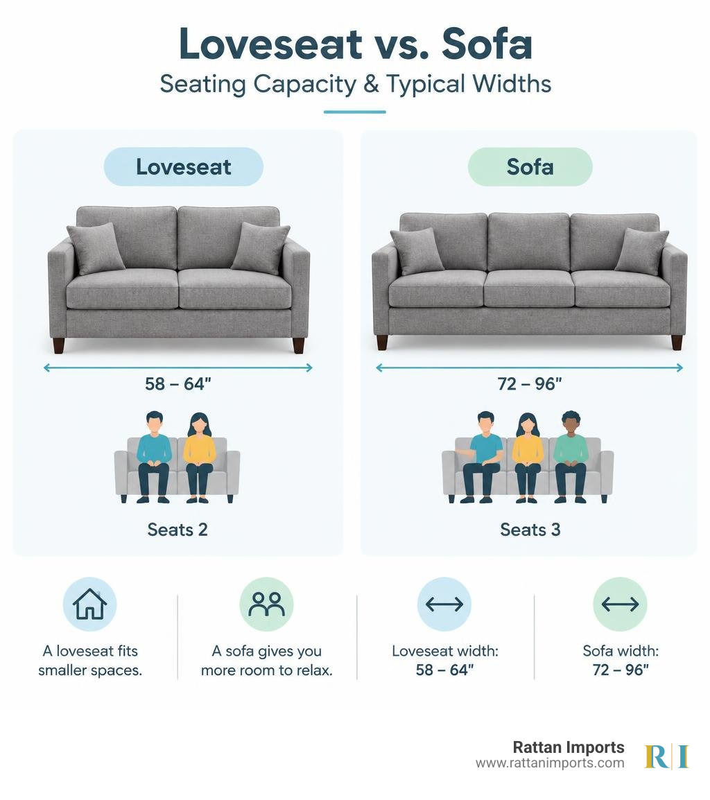 Comparison of loveseat and sofa seating capacity and typical widths infographic