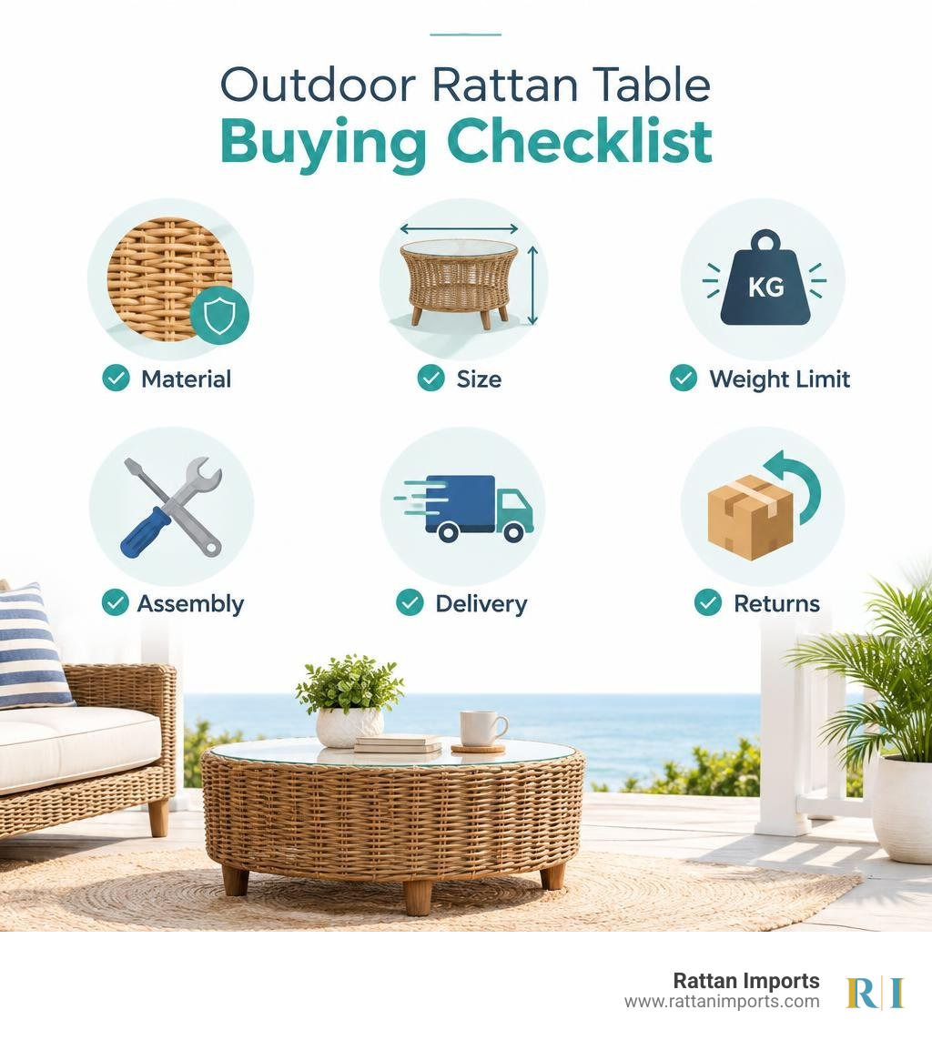 Outdoor rattan table buying checklist: material, size, weight limit, assembly, delivery, returns infographic Outdoor rattan table buying checklist: material, size, weight limit, assembly, delivery, returns infographic