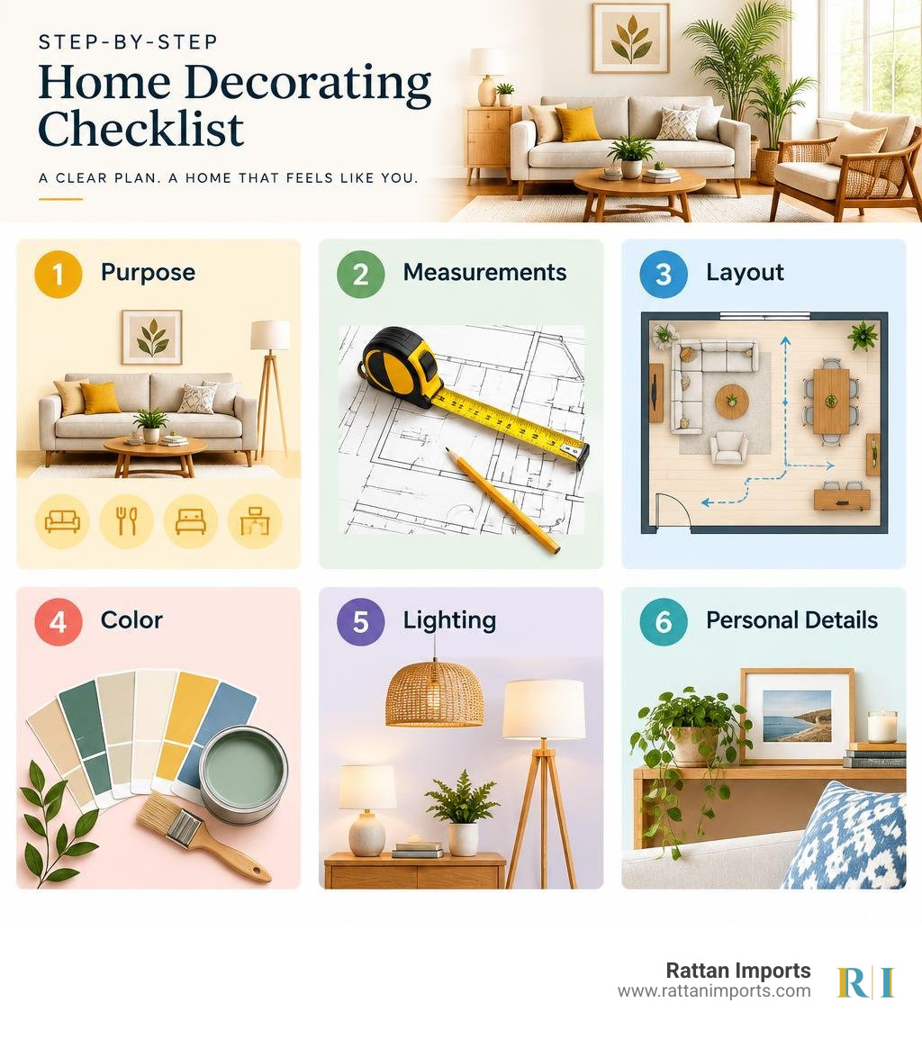 step-by-step home decorating checklist: purpose, measurements, layout, color, lighting, personal details infographic