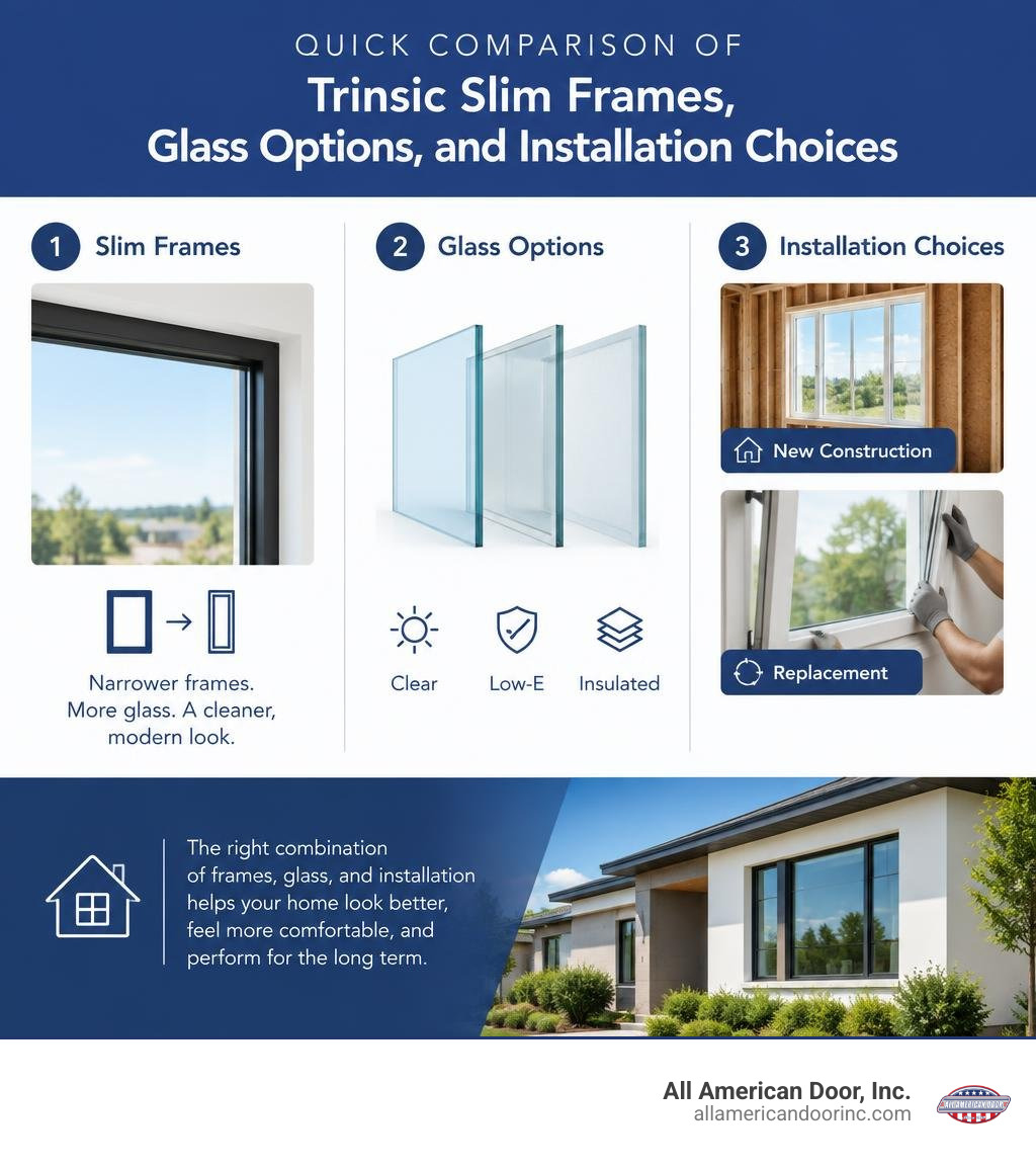 Quick comparison of Trinsic slim frames, glass options, and installation choices infographic Quick comparison of Trinsic slim frames, glass options, and installation choices infographic