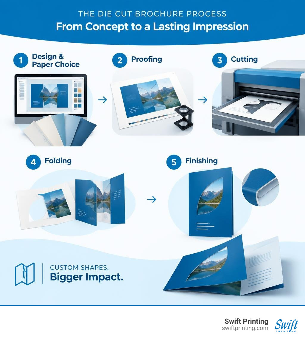Die cut brochure process from design and paper choice through proofing, cutting, folding, and finishing infographic Die cut brochure process from design and paper choice through proofing, cutting, folding, and finishing infographic