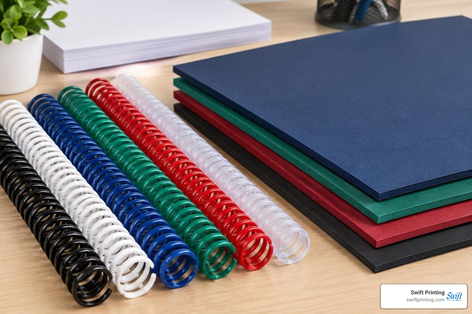 Color-matched plastic coils and heavy cover cardstocks ready for finishing