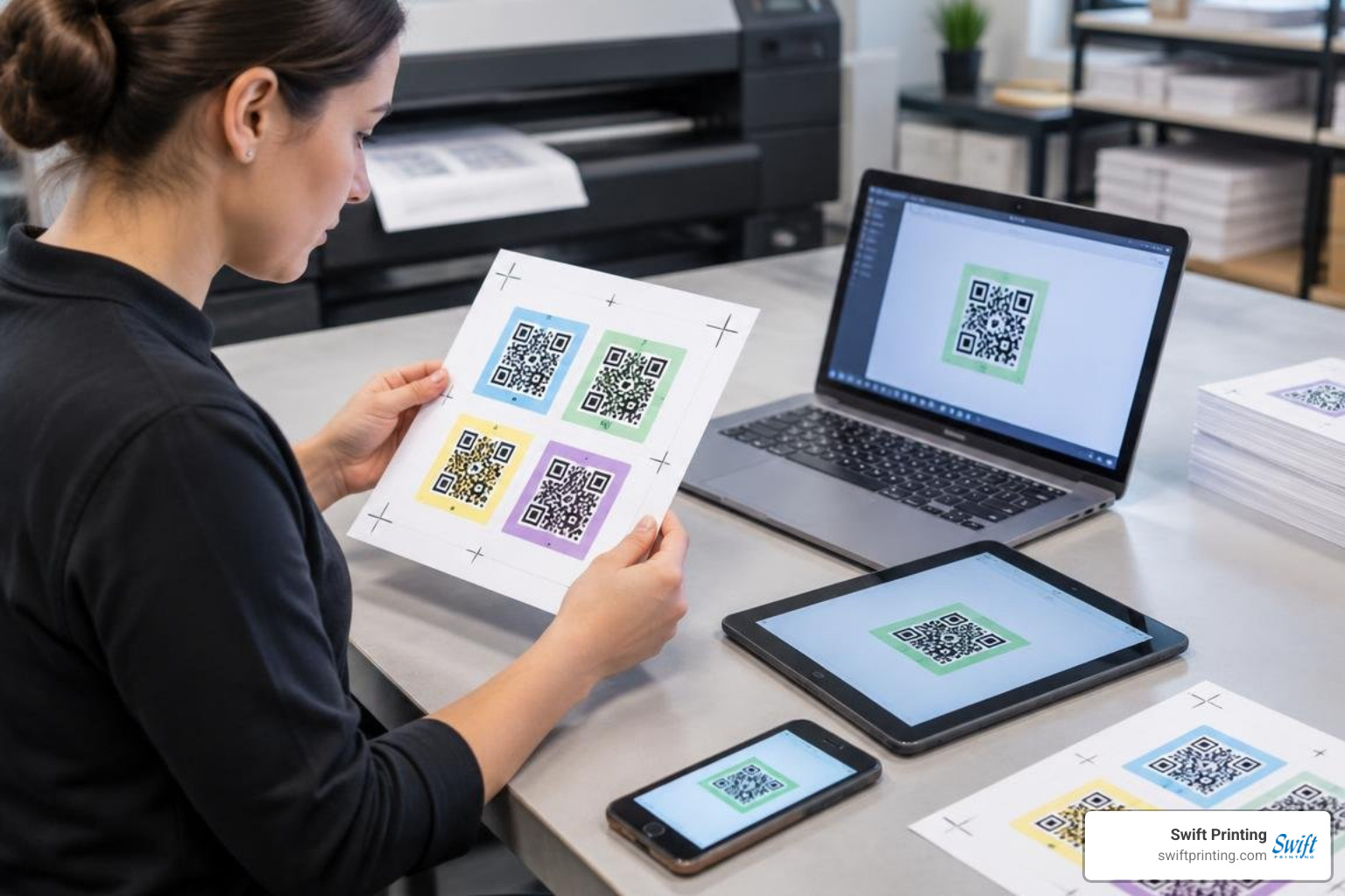 Multi-device quality assurance test inspecting printed QR code proofs on physical materials Multi-device quality assurance test inspecting printed QR code proofs on physical materials