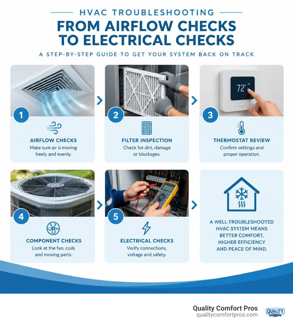 Infographic showing HVAC troubleshooting steps for a Northern Michigan home, from airflow and thermostat checks to electrical checks Infographic showing HVAC troubleshooting steps for a Northern Michigan home, from airflow and thermostat checks to electrical checks