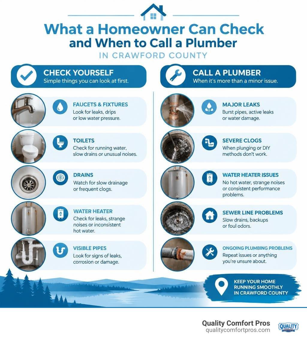 Infographic showing what a homeowner in Crawford County can safely check and when to call a plumber in Grayling, Michigan Infographic showing what a homeowner in Crawford County can safely check and when to call a plumber in Grayling, Michigan