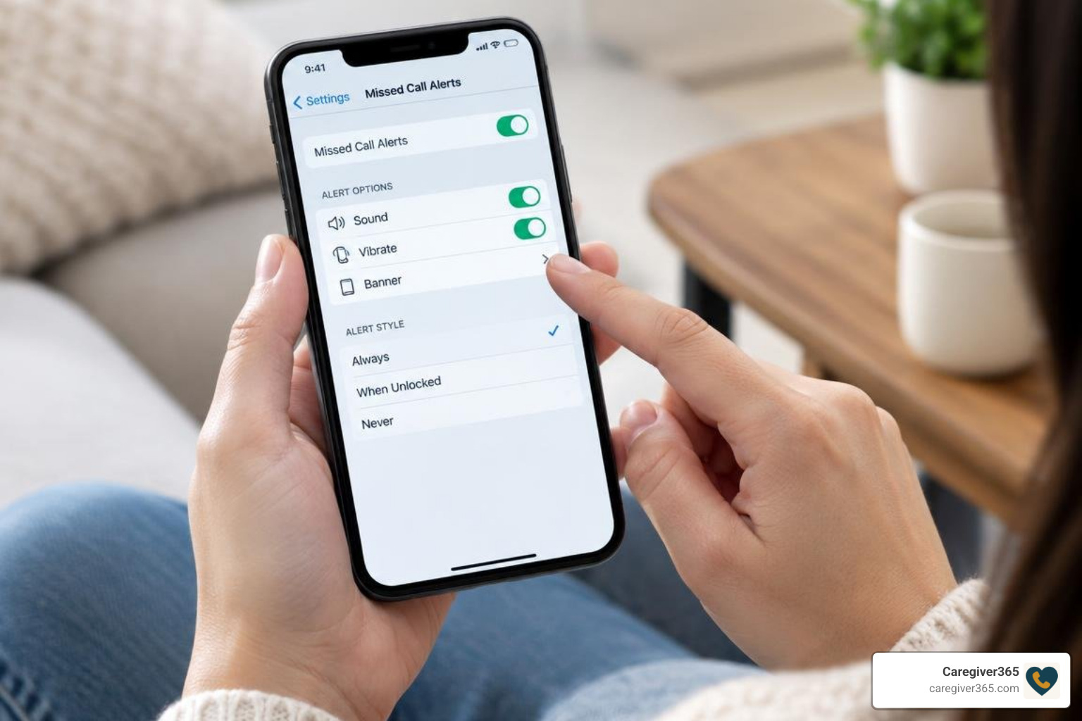 phone settings screen configuring missed call alerts