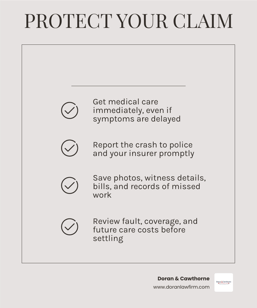 Steps to protect a Louisiana car crash claim: get care, save evidence, review fault and coverage, assess all losses Steps to protect a Louisiana car crash claim: get care, save evidence, review fault and coverage, assess all losses