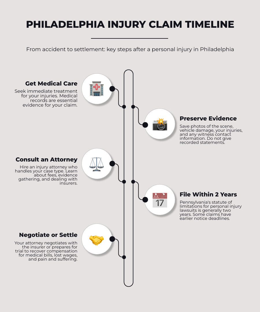 Philadelphia injury claim timeline from medical care and evidence gathering to negotiation or settlement infographic Philadelphia injury claim timeline from medical care and evidence gathering to negotiation or settlement infographic