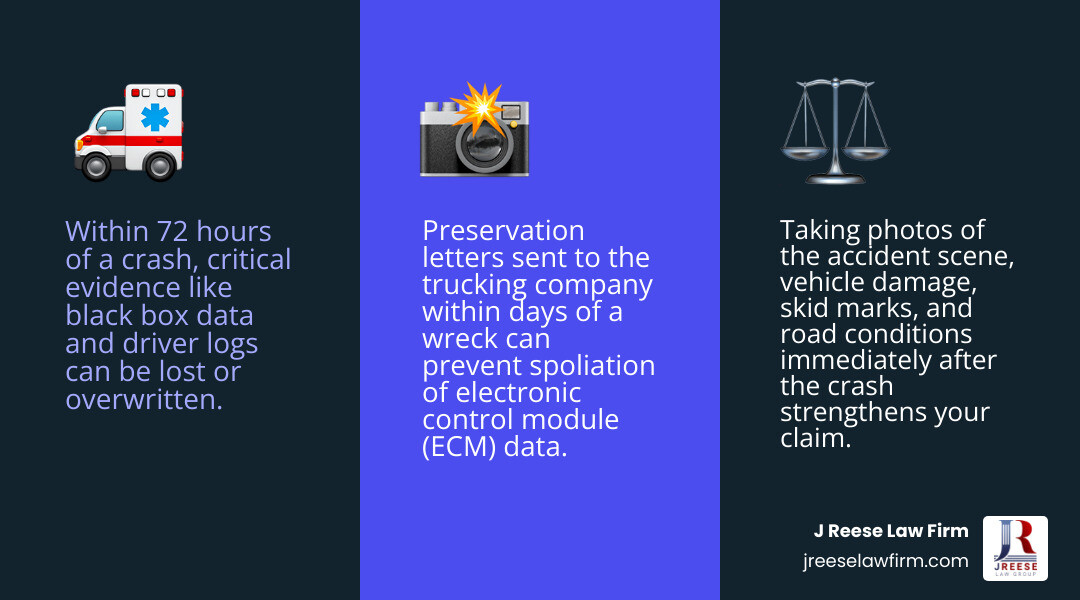 Steps after a truck crash: get care, document the scene, preserve records, review legal options infographic Steps after a truck crash: get care, document the scene, preserve records, review legal options infographic