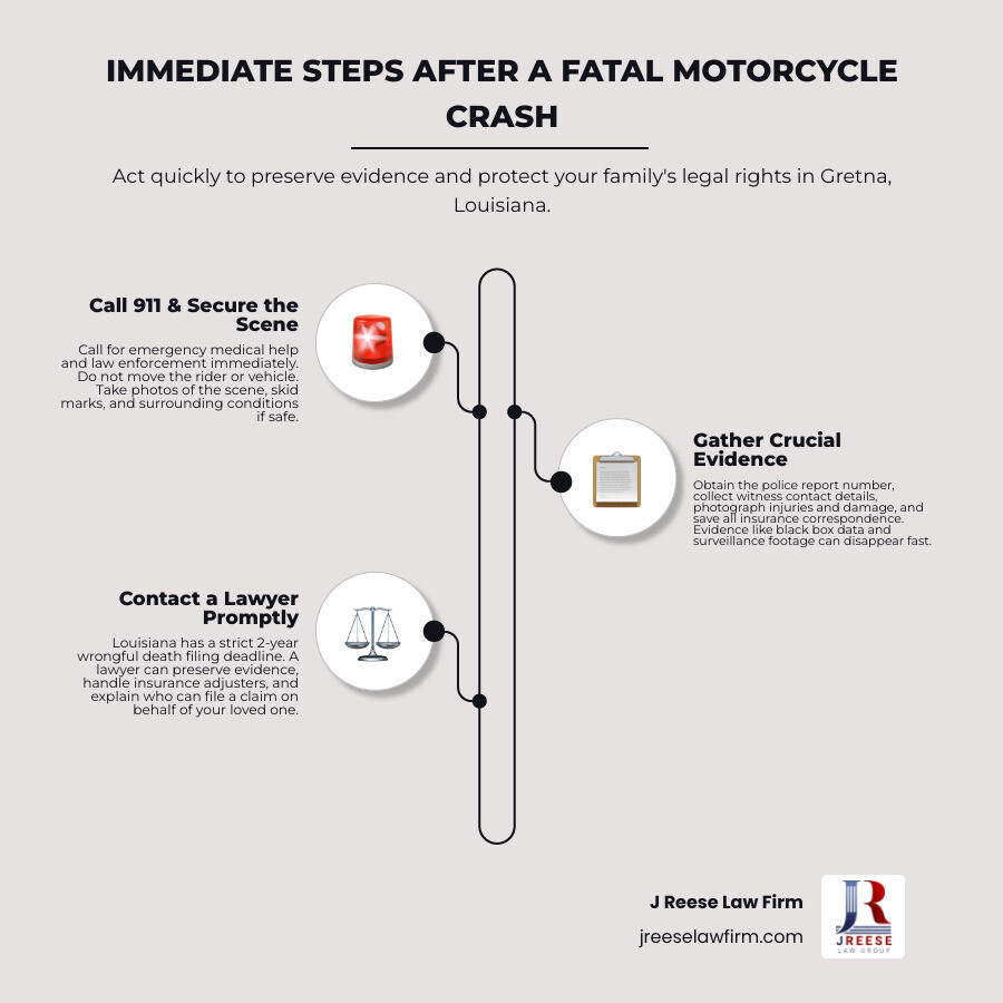 Immediate steps after a fatal motorcycle crash in Louisiana: call 911, preserve evidence, and seek legal advice infographic