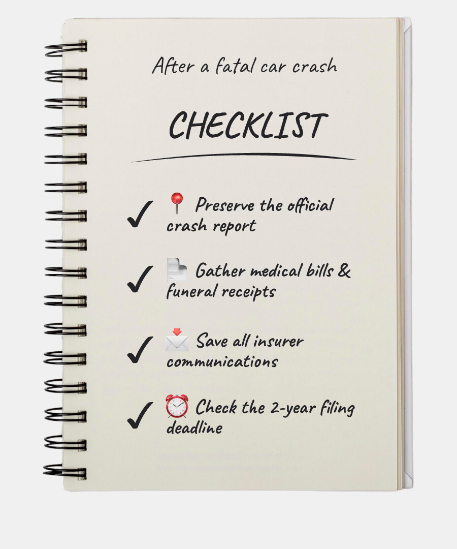 Steps after a fatal crash: preserve records, identify the estate representative, check deadlines, and seek legal advice Steps after a fatal crash: preserve records, identify the estate representative, check deadlines, and seek legal advice