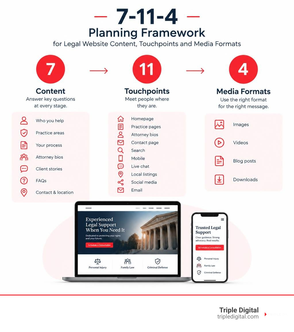 7-11-4 planning framework for legal website content, touchpoints, and media formats infographic