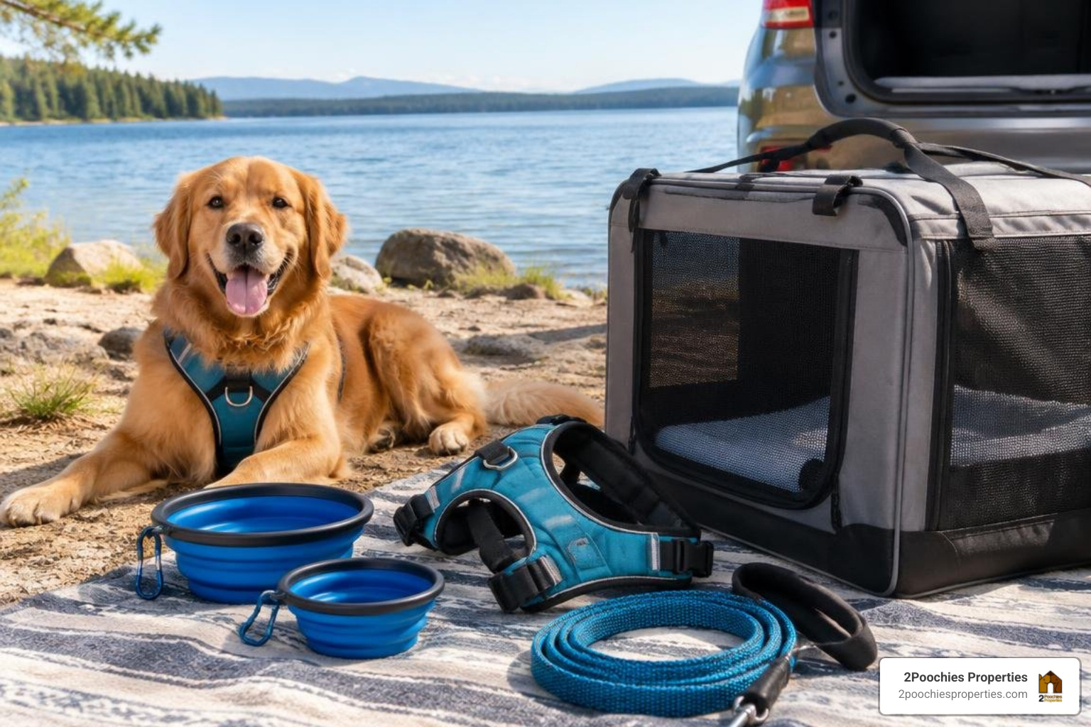 Organized travel gear including collapsible bowls, dog harness, travel crate, and leash ready for a lake trip